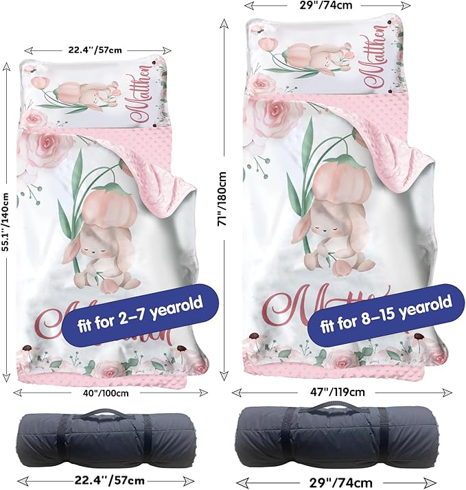 Personalized Toddler Nap Mat for Girls – Custom Name Kids Nap Mat – Daycare Sleeping Mats with Removable Pillow and Soft Minky Dot Blanket for Preschool, Travel, Kindergarten