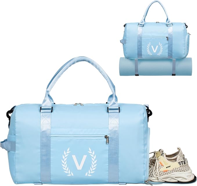 Gym Duffel Bag, Red, Personalized with Initials, Spacious with Shoe Compartment, Wet Pocket, Mat Strap, Travel-Friendly, Versatile Carry Options, Water-Resistant Polyester