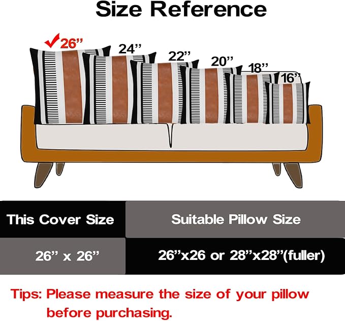 26x26 Boho Striped Pillow Cover with Faux Leather Accent, Black, 2 PC | Geometric printed cotton, vintage brown accent, black white reversible cushion case, farmhouse tribal euro sham bed decor.