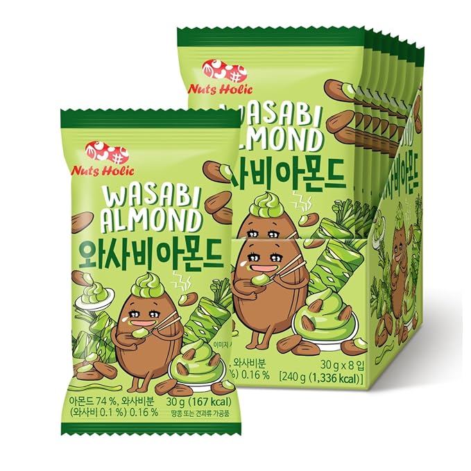 Korean Food Nuts Holic Wasabi Almond, Spicy & Savory, Snack Mix, 8Pk | Spicy and savory wasabi-flavored seasoned almond snack in convenient individual packs