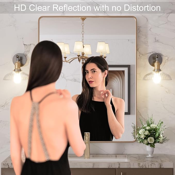 LOAAO 28"X36" Gold Bathroom Mirror | Rounded Rectangle, Brushed Gold Frame, Wall-Mounted, Anti-Rust, Hangs Horizontally or Vertically