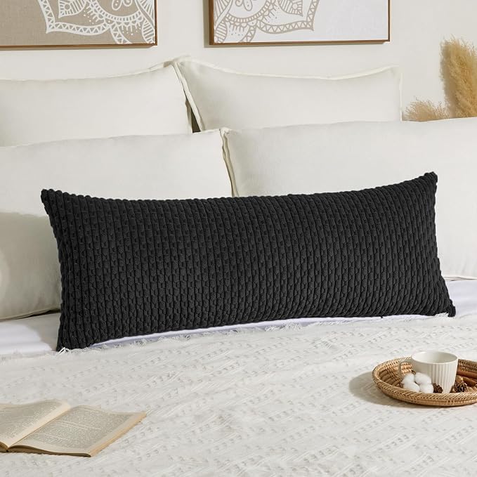 Kevin Textile Soft Corduroy 20"x54" Body Pillow Cover 1 Pack, Black | Boho Stripe Plush Corduroy Decorative Oblong Cushion Cover Modern Farmhouse Home Decor for Sofa Couch Bed Chair