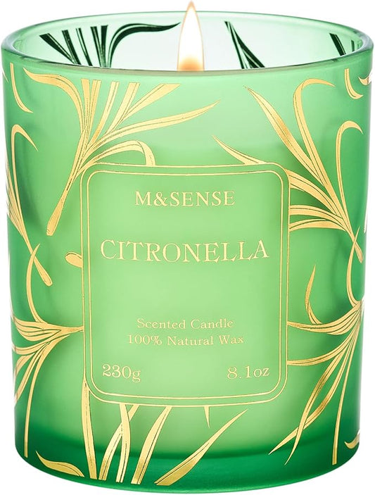M&SENSE Citronella Soy Candle, 8.1oz Gilded Glass, Outdoor Summer Refresh | 42H Slow Burn, Crisp Citronella, Non-Toxic, Phthalate Free, Warmer Safe, Reusable Patio Glass