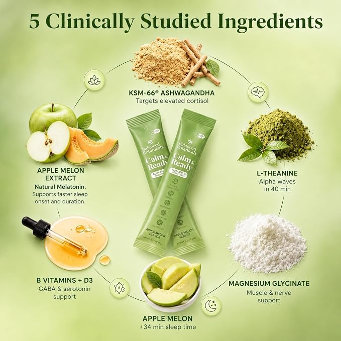 Calm and Ready Powder Mix, Cortisol Reducer*, Sleep & Relaxation Aid, Magnesium Glycinate, Ashwagandha KSM-66, L-Theanine, Tart Cherry, Sugar Free, 20 Packets, Apple Melon