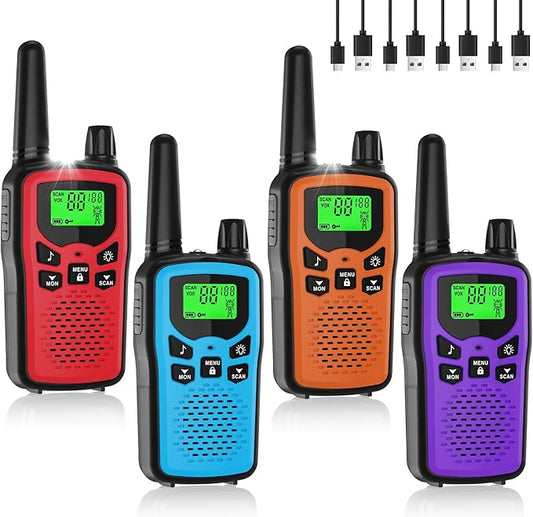 Rechargeable Walkie Talkies Long Range for Adults, Walky Talky VOX with 22 FRS Channels, 99 Privacy Codes Two Way Radio,1200mAh Li-ion Battery, for Camping Hiking Emergency (4 Pack Colorful)