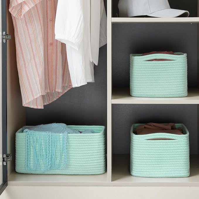 3 Pack Storage Baskets for Organizing, 13.7×9.5×6.3", Cream Green | Woven Baskets for Shelves, Cotton Rope Basket for Gifts Empty, Closet Organizer Bins with Handles, Cube Decorative Box