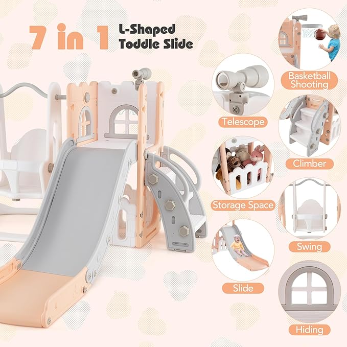 Costzon 7 in 1 Toddle Swing and Slide Set, Freestanding Toddler Slide Playset w/Swing, Basketball Hoop, Kids Slide for Toddler Age 1-3 Playground w/Storage Space, Gifts for Boys Girls (Pink)