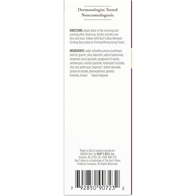Burt's Bees Renewal Intensive Firming Serum With Natural Retinol Alternative and Hyaluronic Acid, Powerful Natural Anti-Aging Ingredients, 98.6 Percent Natural Origin Skin Care, 1 fl. oz. Bottle