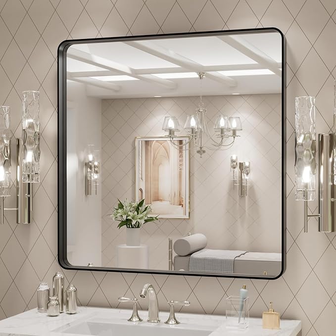 LOAAO 30x30 Inch Black Metal Framed Bathroom Mirror | Matte Black, Rounded Rectangle, Anti-Rust, Hangs Horizontally or Vertically
