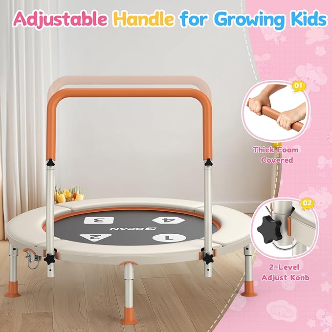 BCAN BT1 36'' Toddler Trampoline, ASTM Certified-Foldable Mini Trampolines for Kids Ages 1-6, Adjustable Handle, Safety Pad & Foldable Legs, Baby Trampoline Indoor/Garden, Gift for Boy and Girl