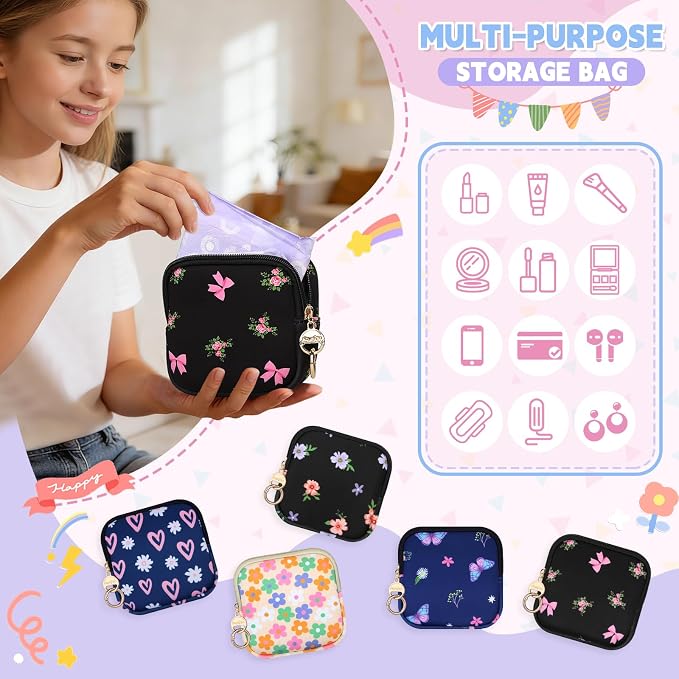Period Bag for Teen Girls, Neoprene Cute Sanitary Napkin Storage Bag, Floral Menstrual Pad Pouch Tampon Holder (Colorful Floral)
