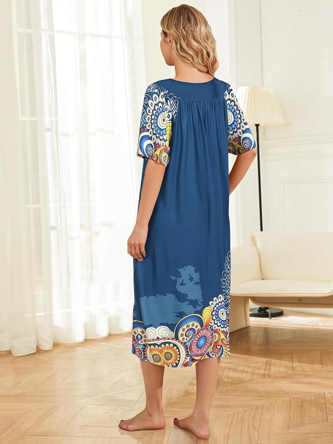 House Dresses for Women with Pockets Moo Moo Nightgown Short Sleeve Mumu Dress Lounge Dress S-3XL