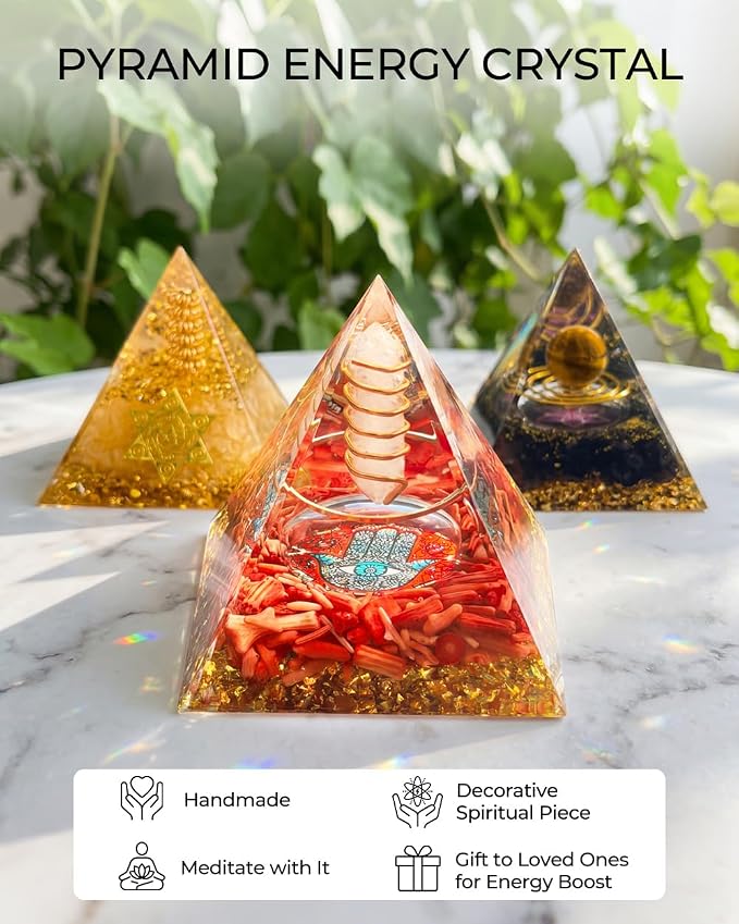 Hand of Fatima - Orgone Pyramid with Healing Crystals - Energy Generator for Positive Vibe, Stress Relief & Chakra Reiki Meditation - Pyramid Decor - Spiritual Gift for Success, Wealth & Prosperity