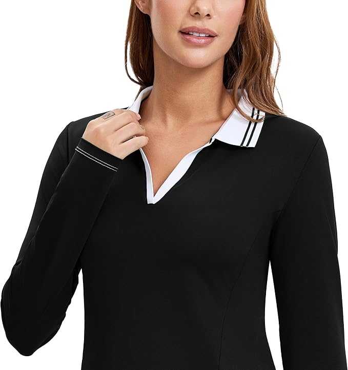 MathCat Womens Golf Shirts, Long Sleeve Polo Shirts Collared V Neck Tennis Shirts Breathable Athletic Tops
