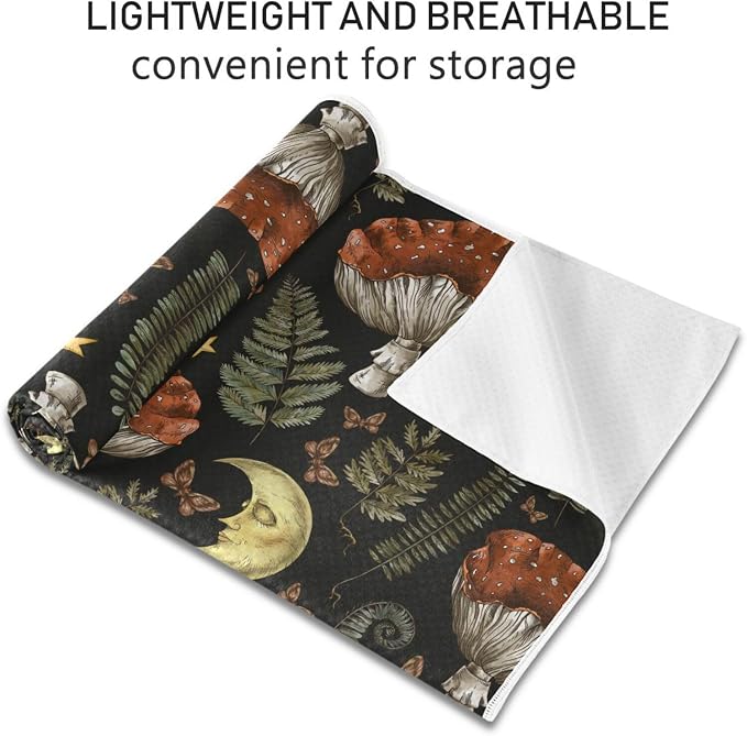 Retro Mushroom Moon Yoga Mat Towel Non Slip Soft Sweat Absorbent Hot Yoga Mat Towel, for Hot Yoga, Pilates and Workout-73 x 27 Inch