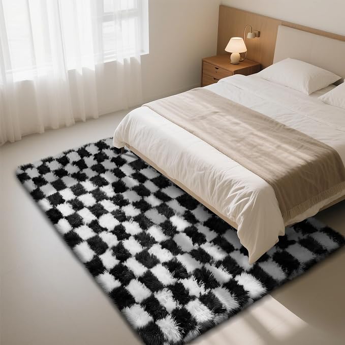 Checkered Rug for Living Room, 9x12 Black and White Area Rugs, Classic Checkered Carpets Shag Area Rug, Bedside Rugs for Living Room Bedroom Room Home Decor