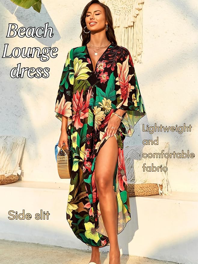 ChiaoLezhee Print Moo-Moos for Women, Kaftan Cover-Up Dresses, Sexy V-Neck High-Slit, Beach Pool-Party Coverups Muumuu Plus