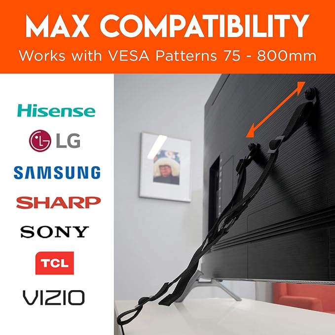 ECHOGEAR TV Safety Straps for Big TVs – Heavy-Duty Anti-Tip Anchors for TVs Up to 90” – Secure to Wall or Furniture – Pre-Assembled for Easy Baby Proofing & Earthquake Protection