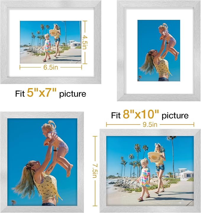 Vittanly 8x10 Picture Frames Set of 9 for Wall or Tabletop Display, Silver | Display Pictures 5x7 with Mat or 8x10 without Mat, Small Photo Frames, Engineered Wood with Shatter Resistant Plexiglass