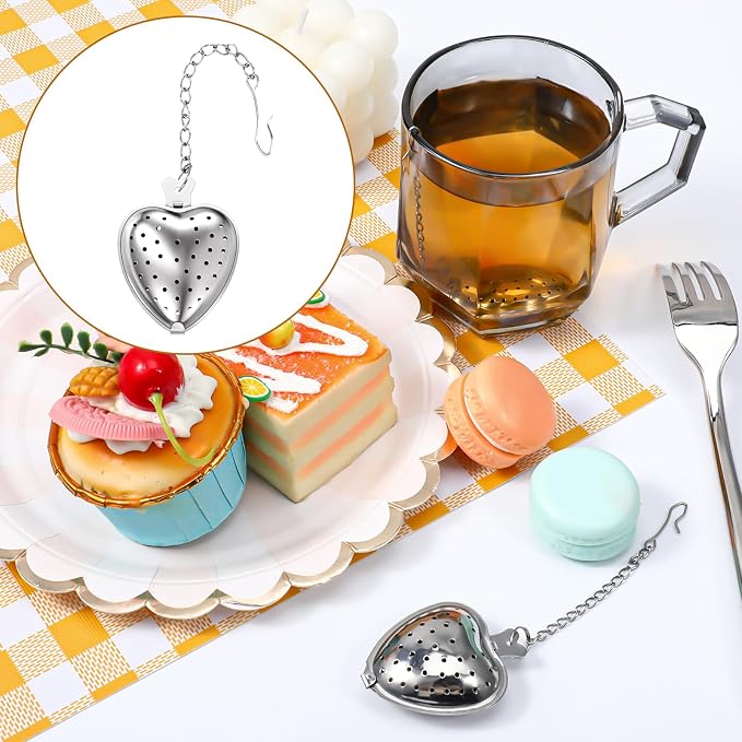 50 Pcs Tea Strainer Stainless Steel Ball Infuser Mesh Heart Shaped Tea Strainer Loose Leaf Steeper Interval Diffuser with Extended Chain Hook Tea Filters for Seasonings Cup Bottle