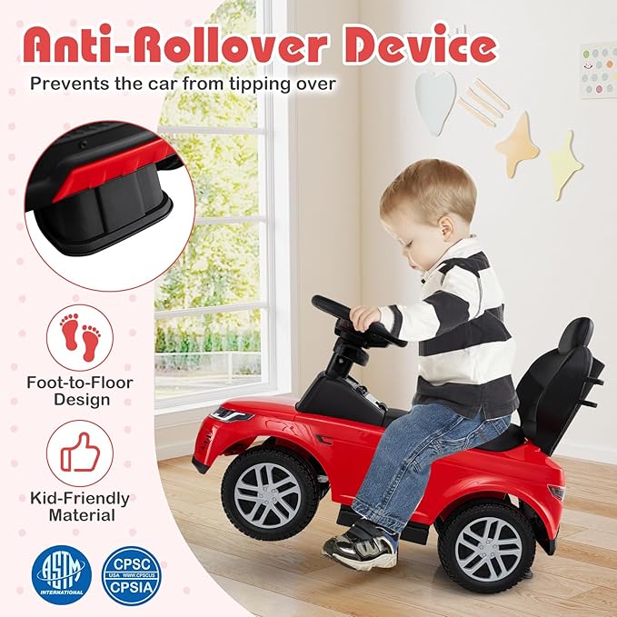 Costzon Push Car for Toddlers, 3 in 1 Land Rover Discovery Stroller Sliding Walking Car with Handle, Horn Sound, Underneath Storage, Armrest Guardrail, Foot-to-Floor Ride On Toy for Boys Girls (Red)