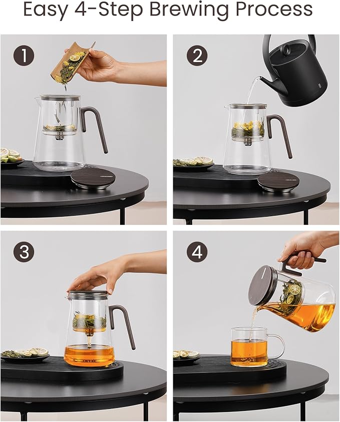 ZENS Magnetic Tea Pot, Large Enchanted Glass Teapot with Infuser and Magnetic Suction Lid for Mess-Free Loose Tea Diffusers, Black Walnut Pattern Handle, Tea Lovers Gifts