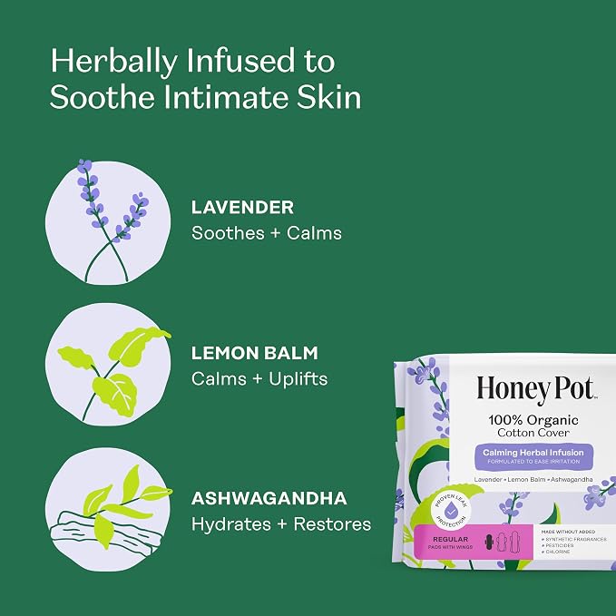 Honey Pot - Calming Herbal Regular Sanitary Pads for Women - 100% Organic Cotton Top Sheet - Feminine Care - Non Cooling - Calming Herbs of Lavender, Ashwagandha, & Lemon Balm - 80ct