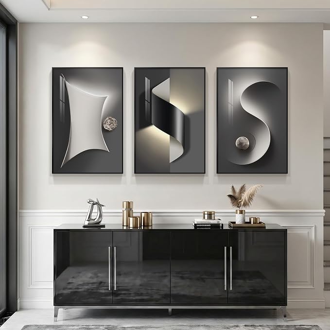 3 Piece Framed Black and White Abstract Wall Art for Living Room, Large Modern Minimalist Geometric Picture Prints Paintings, Bright Style Luxury Artwork for Bedroom Dining Room Wall Decor 20x30 Inch