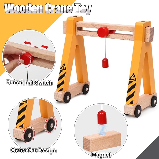 Atoylink 15PCS Kids Wooden Construction Toys with Magnetic Train Cars, Gantry Crane Bulldozer Roller Tow Truck Construction Site Vehicles Playset Gifts for 3 4 5 6 Year Old Toddlers Boys