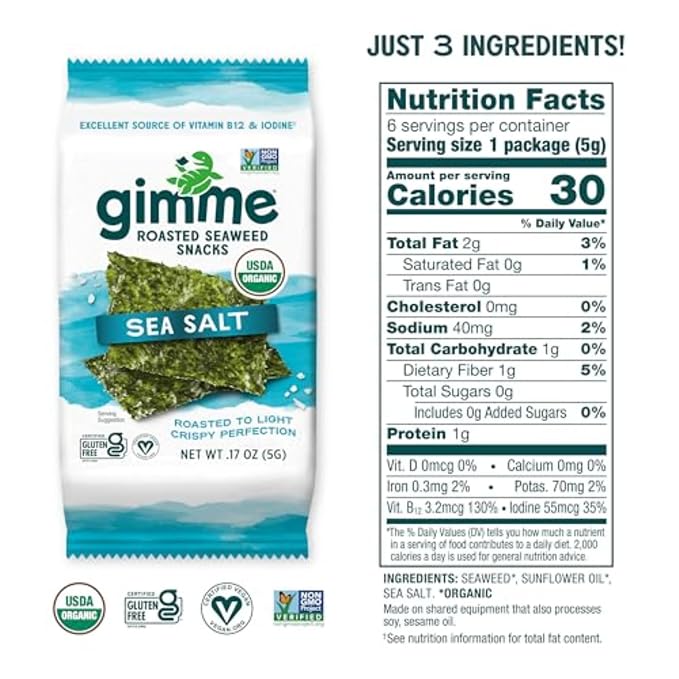Gimme 6 CT Sea Salt Organic Roasted Seaweed Snacks, 5g, 0.17oz