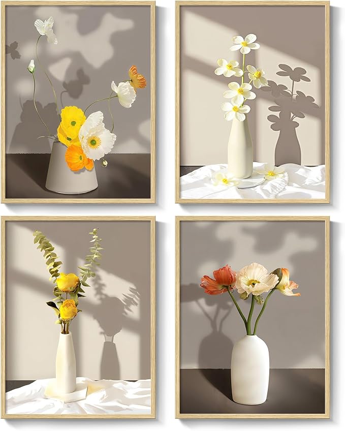 Framed Botanical Floral Wall Art, 4 Piece Yellow Flower Canvas Painting Prints Artwork for Walls, Modern Elegant Pictures for Living Room Bedroom Kitchen Hallway Dining Room Home Decor, 12x16 Inch
