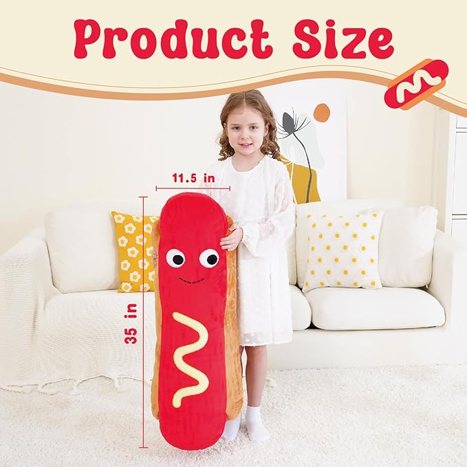Giant Hot Dog Plush Pillow – 35 Inch Funny Food Plush Toy, Soft Stuffed Hot Dog Pillow, Oversized Hugging Cushion, Jumbo Plushie for Kids, Birthday
