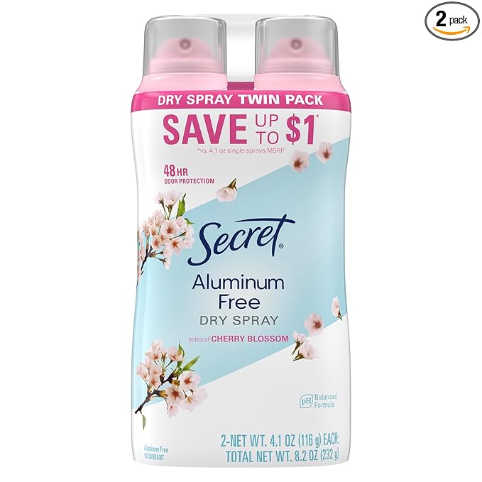 Secret Dry Spray Aluminum Free Deodorant for Women, 48hr Weightless Odor Protection, Gentle on Skin, Cherry Blossom Scent, 4.1 oz (Pack of 2)