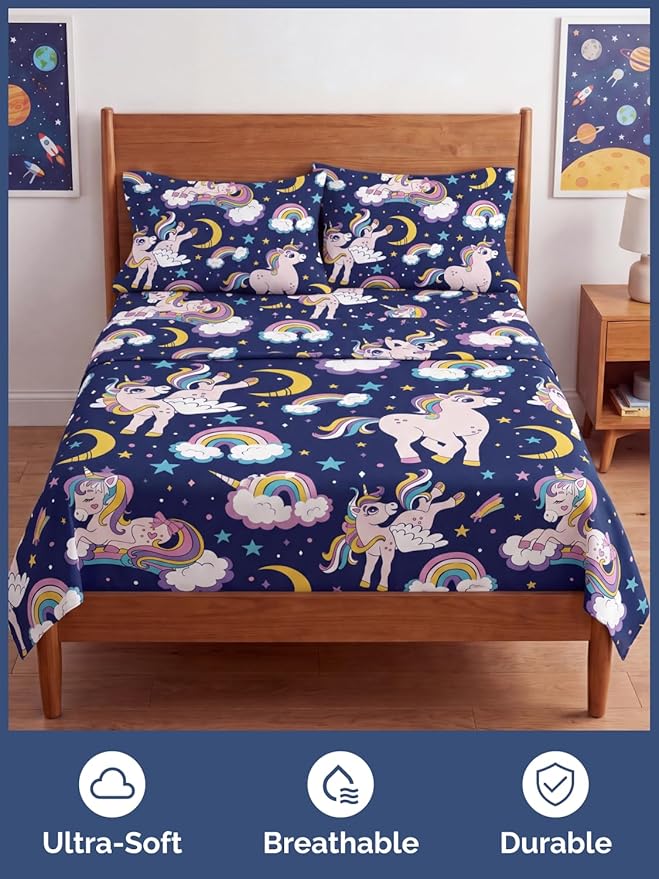 CGK Unlimited Kids Magic Unicorns Queen 4 Piece Sheet Set - Boys, Girls, Teens, Toddler - Easy Fit Deep Pockets - Soft, Cooling & Breathable Sheets - Cute, Cozy, Fade & Wrinkle Free - Machine Washable
