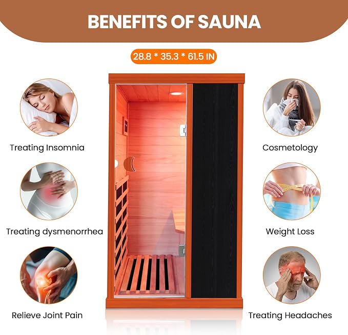 Far Infrared Sauna Home Sauna Room 1200W/110V Low-EMF Wood Indoor Dry Sauna | 1 Person Compact Sauna with Control Panel Speaker & Tempered Glass Door- Fast Heating Easy Assembly 35.2 * 28.8 * 61.5 in