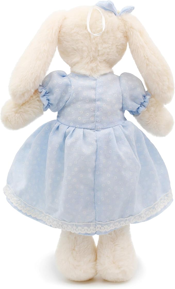 Small Soft Stuffed Animal Bunny Rabbit Plush Toy for Baby Girls 15inch (White Rabbit Wearing Blue Retro Dress)