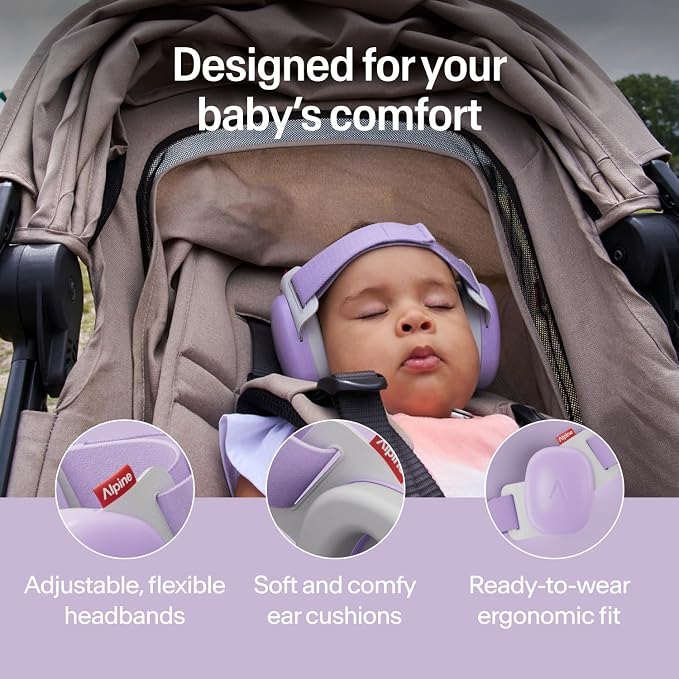 Alpine Muffy Baby Comfort - Protects Hearing for Babies and Toddlers - CE & ANSI Certified - Headband for Safe fit & Comfort - Adjustable for Ages 3-48 Months - 24dB Sound Reduction, Purple