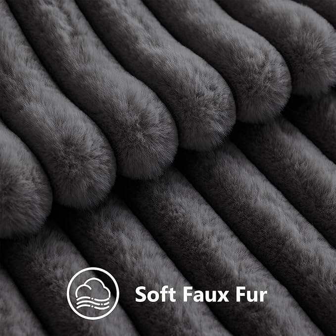 decorUhome Fall Faux Fur Throw Pillow Covers 24x24 Set of 2 Dark Grey | Decorative Soft Cozy Striped Plush Modern Farmhouse Boho Couch Pillow Cases Velvet Back for Sofa Bed Living Room Home Decor