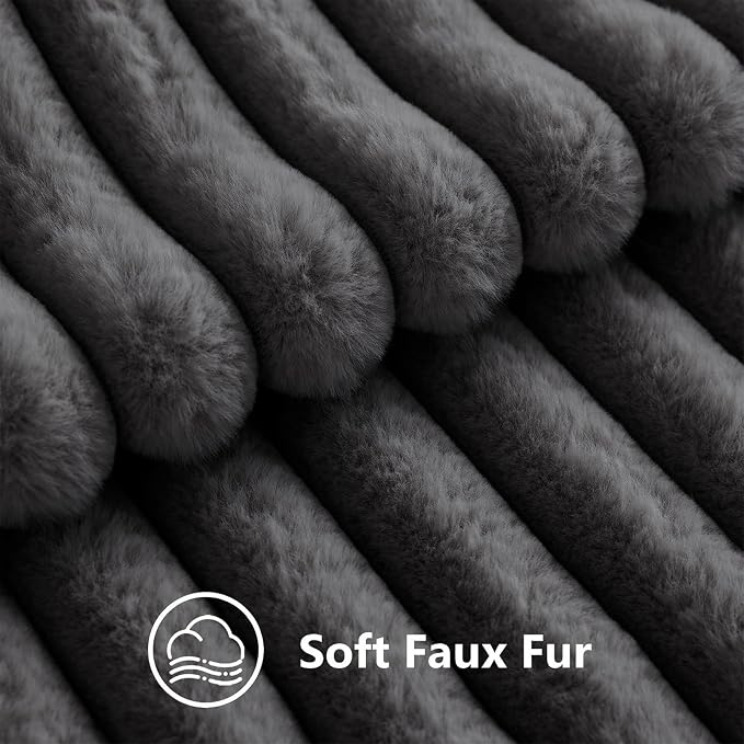 decorUhome Fall Faux Fur Throw Pillow Covers 16x16 Set of 2 Dark Grey | Decorative Soft Cozy Striped Plush Modern Farmhouse Boho Couch Pillow Cases Velvet Back for Sofa Bed Living Room Home Decor