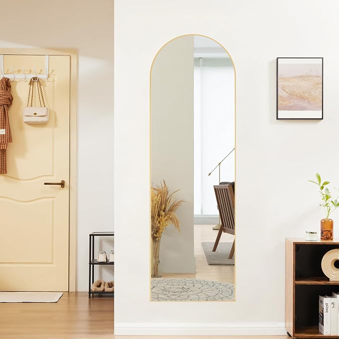 OLIXIS Arched Full Length Mirror, Full Body Mirror, 58"x19" | Mirrors with Stand, Hanging or Leaning for Wall, Aluminum Alloy Thin Frame Floor Standing for Living Room, Long, Gold