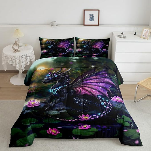 Feelyou Dragon Comforter Set Queen Size Dragon Stuff Comforter for Boys Girls Teens Wild Life Bedding Set Lotus Flower Duvet Set Room Decor Green Purple Quilt Set