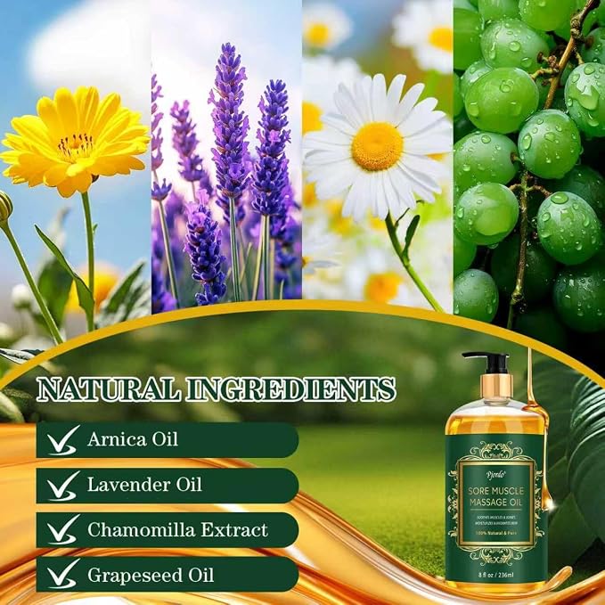 Pjordo Sore Muscle Massage Oil for Massage Therapy, 8 FL OZ Natural Body Massage Oil with Lavender Oil, Arnica & Chamomile Extract, Soothes Muscle and Joint for Professional & Home Use