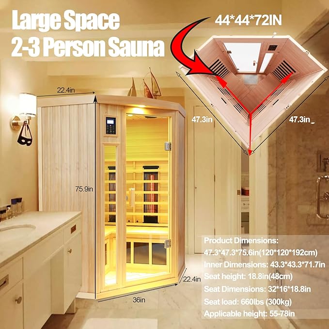 Ceramic Infrared Sauna 2-3 Person Infrared Saunas for Home Low EMF Indoor Home Sauna Spa Hemlock Wooden Corner Sauna Room with Bluetooth Speakers, LED Reading Lamps, Chromotherapy Lights