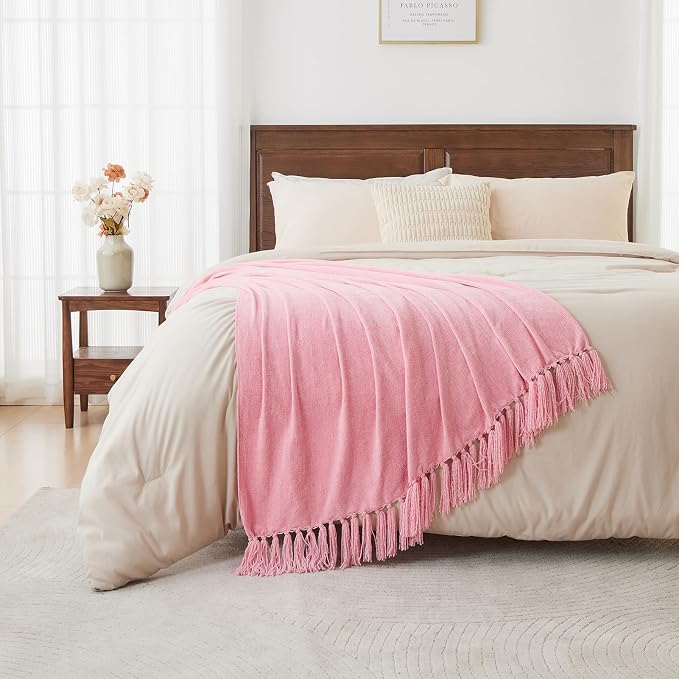 CozeCube Chenille Throw Blanket, Pink Fringe Blanket, 60"X80" | For Couch, Cozy Plush Fuzzy Decorative Blanket with Fringe Tassels, Lightweight Throws for Bed Sofa Gift Home Decor
