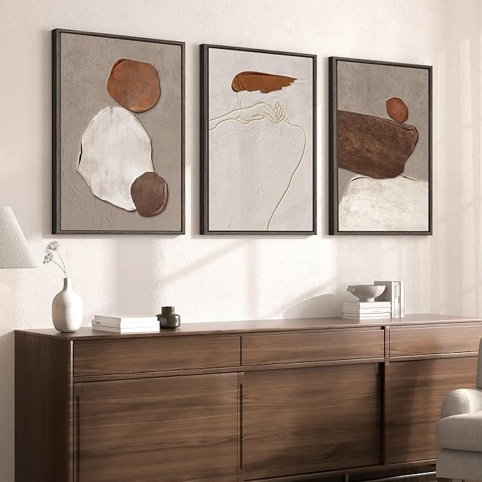 Large Framed Beige and Brown Neutral Abstract Wall Art, Set of 3, 20x30 In | Rustic artwork for walls, Canvas prints paintings, Minimalist stone pictures, Wall decor for living room hallway stair office