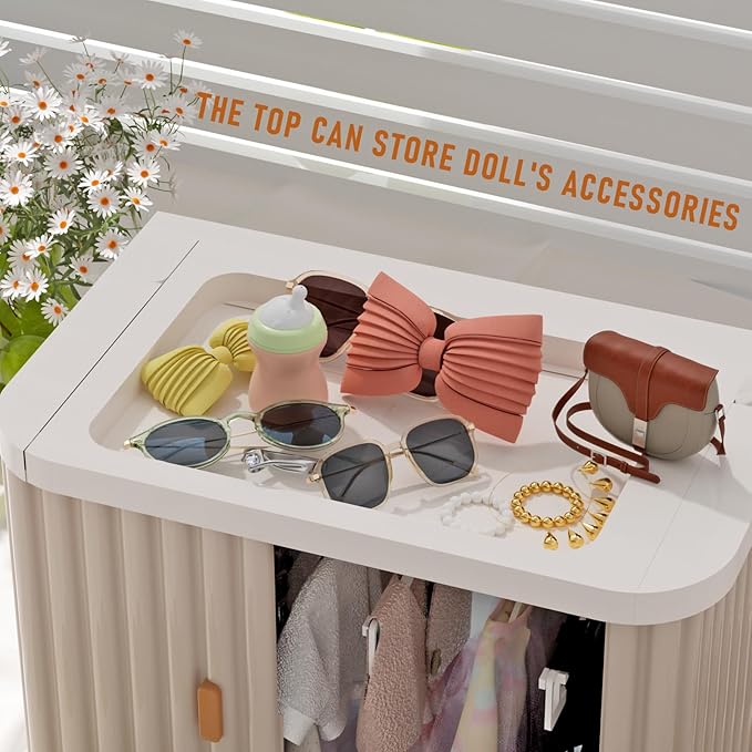 Creproly Doll Wardrobe Storage Box, Foldable Doll Closet with 10 Hangers and Rod for 15/17cm Doll Clothes Stackable Organizer Cabinet with Dust-Resistant Cover and Display Shelf (Pearl Grey)