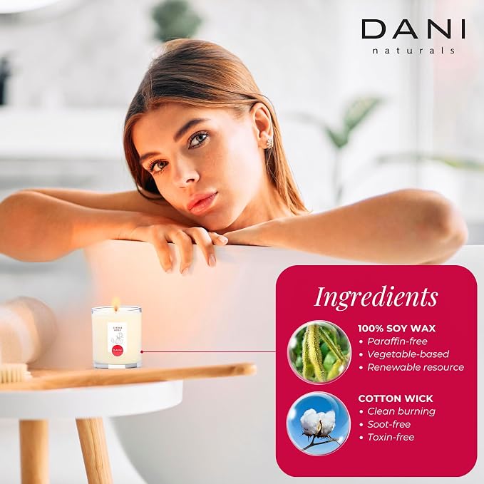 DANI Naturals Citrus Rose 100% Soy Wax Candle, Non-Toxic, 7.5oz | Vegan,soy wax candle,Clean-burning with organic cotton wick,Bright citrus rose scent,Made in USA