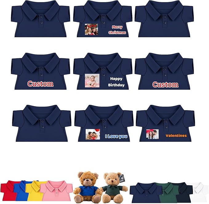 9 Pcs Personalized Teddy Bear Clothes with Name Photo, Stuffed Animal Clothes for Teddy Bears Fit 8-16 inch Stuffed Bear Outfit, Personalized Doll Clothing Make Your Own Plush Doll Shirt