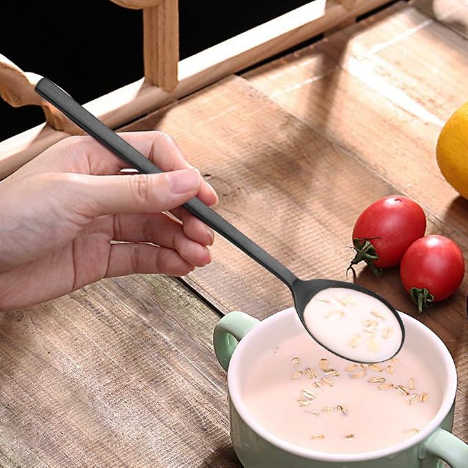 IQCWOOD Korean Soup Spoon Stainless Steel, 8.5 Inch 8-Piece Black | Long Handle Korean Dinner Tablespoon for Eating Asian Metal Home Kitchen or Restaurant