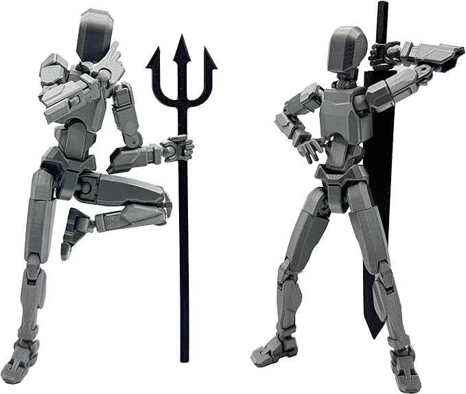 3D Printed Enlarge Body Size 8.1-inch Action Figure Dummy20, Full Body Mechanical Movable Toy, Multiple Accessories, Desk Decoration (Bracket, 3 HandsType, Weapons, Armour) (Silver)